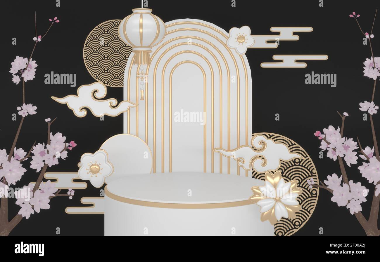 Abstract podium black gold concept and decoration japanese style. 3D ...