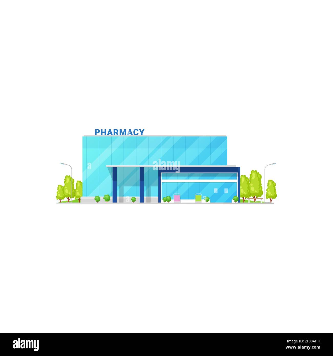 Pharmacy building isolated drugstore facade icon. Vector exterior of medical shop selling medications, storefront with street lamps and trees. Drug st Stock Vector