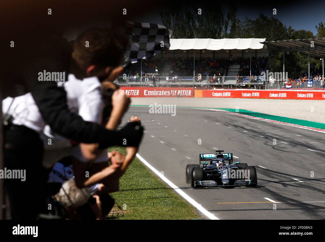 chequered flag, drapeau a damier 44 HAMILTON Lewis (gbr), Mercedes AMG F1 GP W10 Hybrid EQ Power+, action during 2019 Formula 1 FIA world championship, Spain Grand Prix, at Barcelona Catalunya from May 10 to 12 - Photo DPPI Stock Photo
