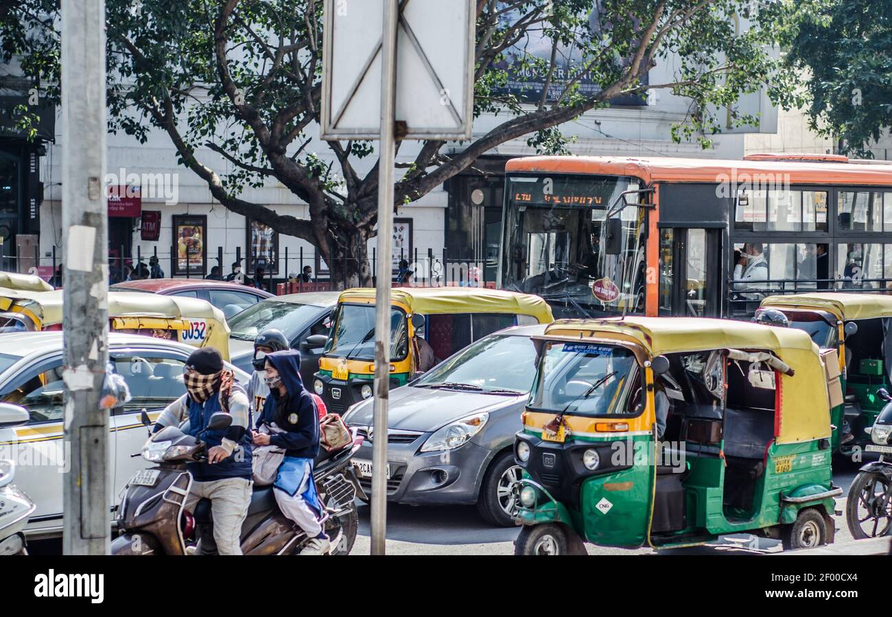 Traffic on the road of New Delhi Stock Photo