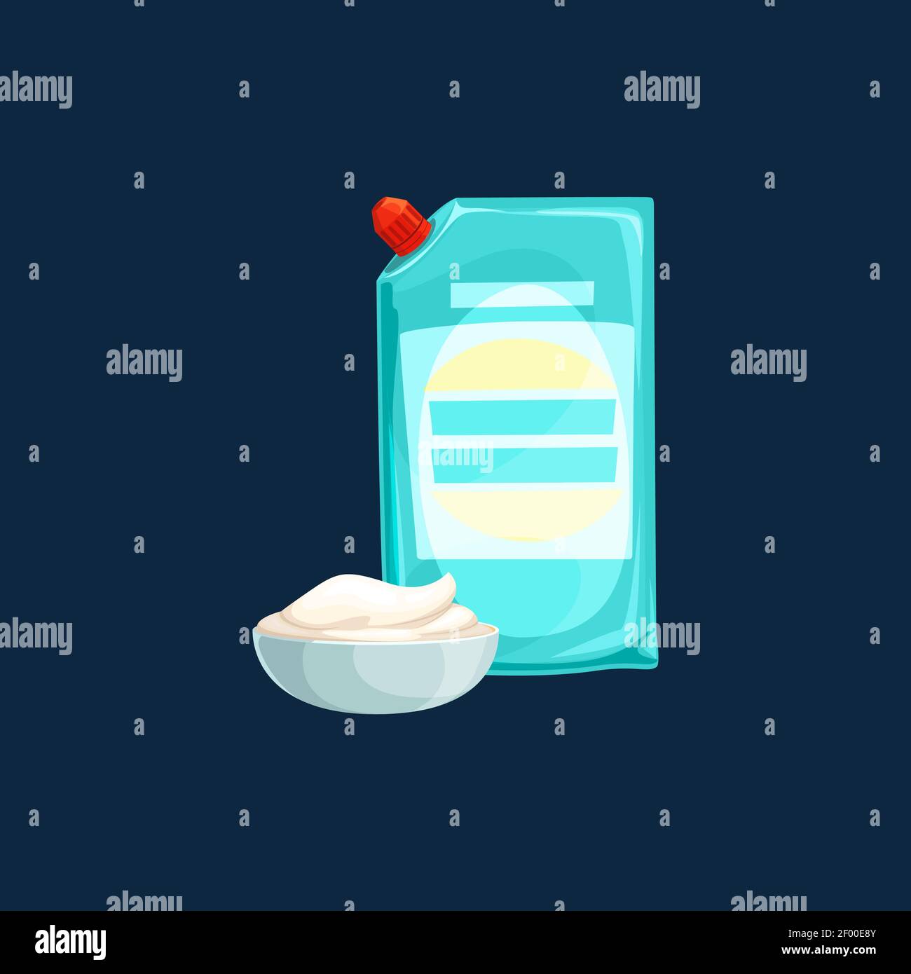 Plastic pouch stand up bag with cover, bowl of sour cream isolated realistic icon. Vector doy-pack with corner batcher lid. Spouted pouch with mayonai Stock Vector