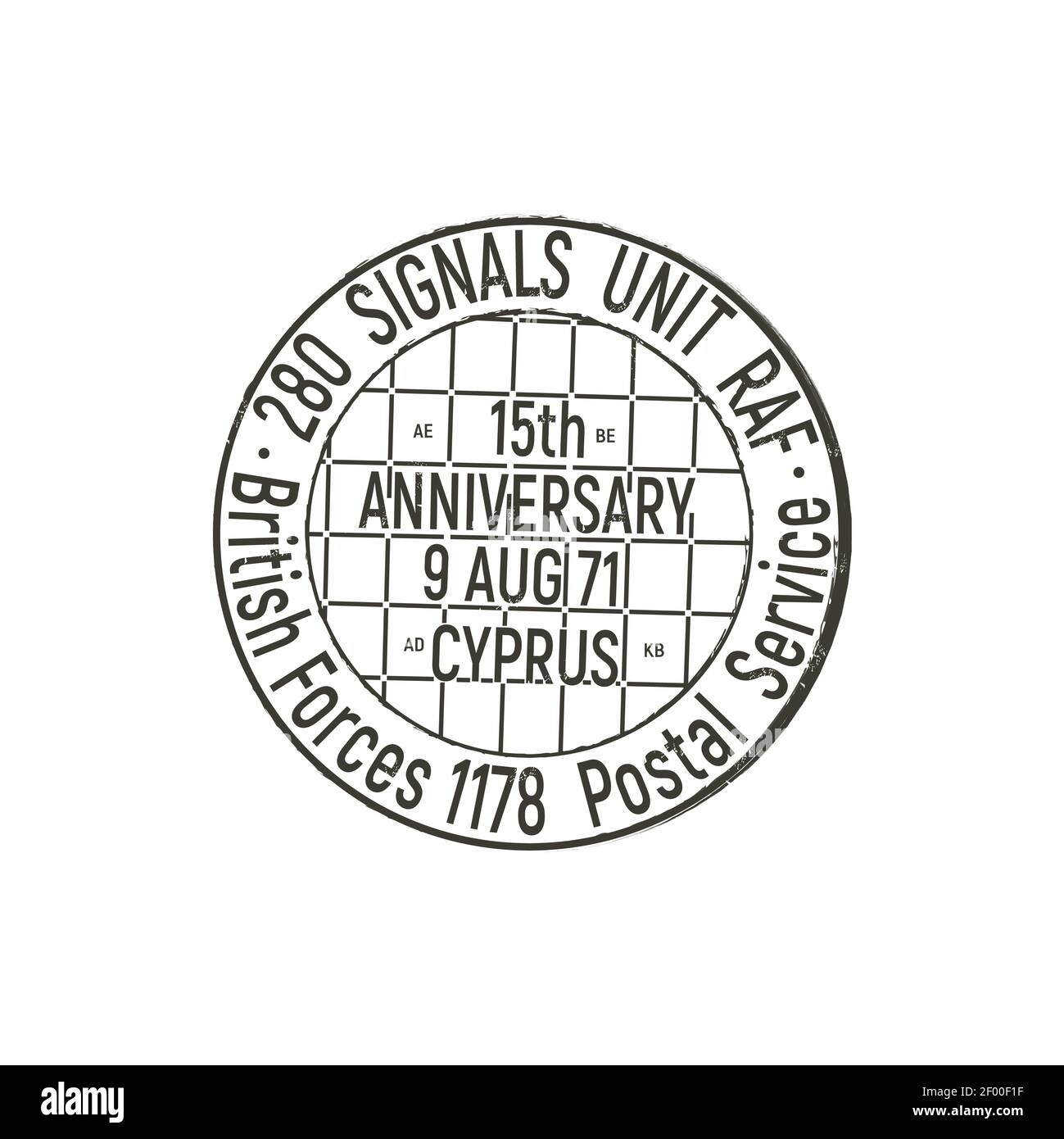 Postal service round stamp isolated monochrome icon. Vector mark dedicated to 15th anniversary of Cyprus, British Forces postal sign with date. Templa Stock Vector