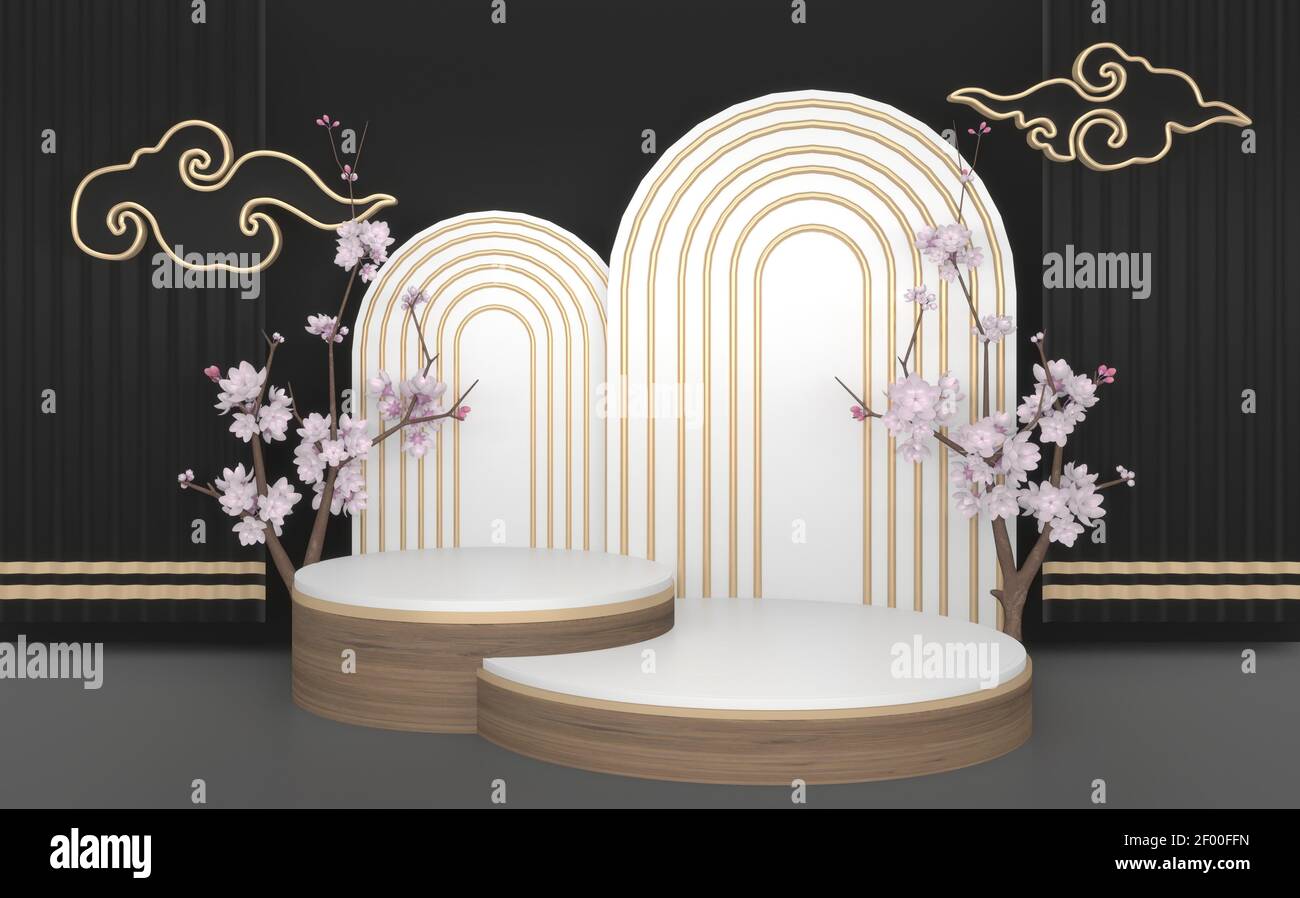 Abstract podium black gold concept and decoration japanese style. 3D ...