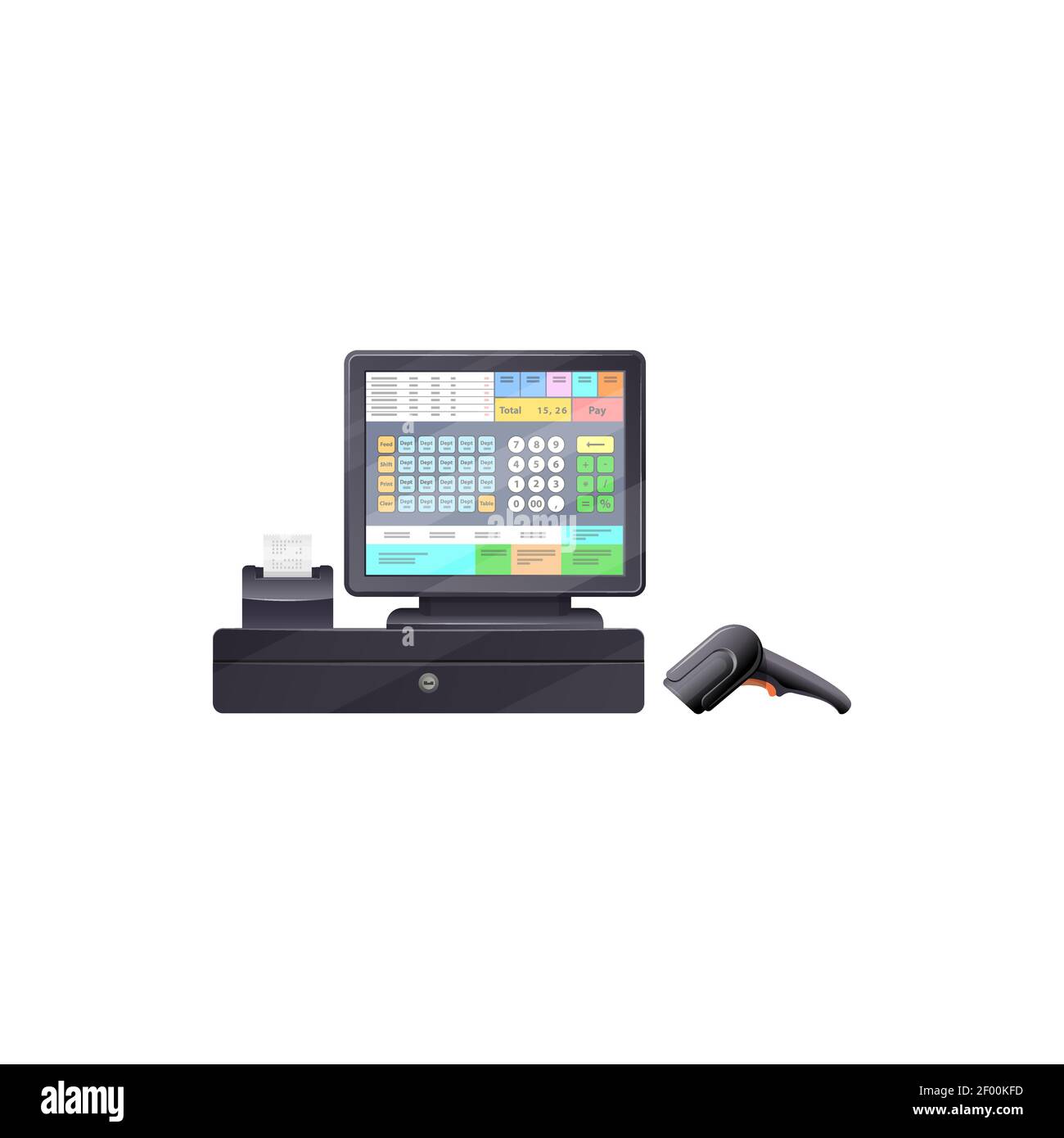 Touchscreen cash register with bar code reader, printing checks terminal isolated modern cash desk. Vector electronic till device, registering and cal Stock Vector