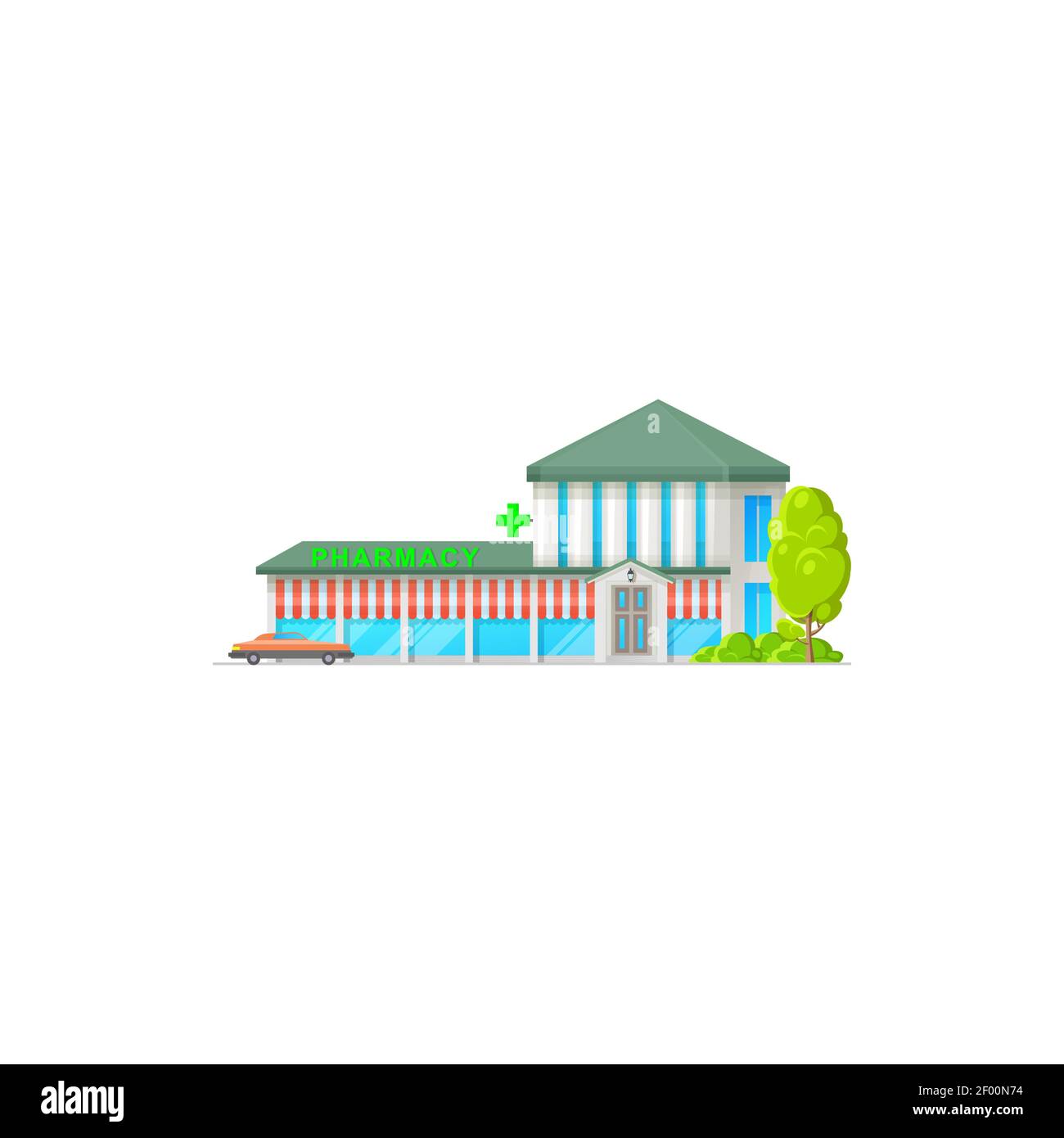 Drugs store facade isolated realistic pharmacy building with car and green trees. Vector drug store with entrance and windows, pharmacy signboard and Stock Vector