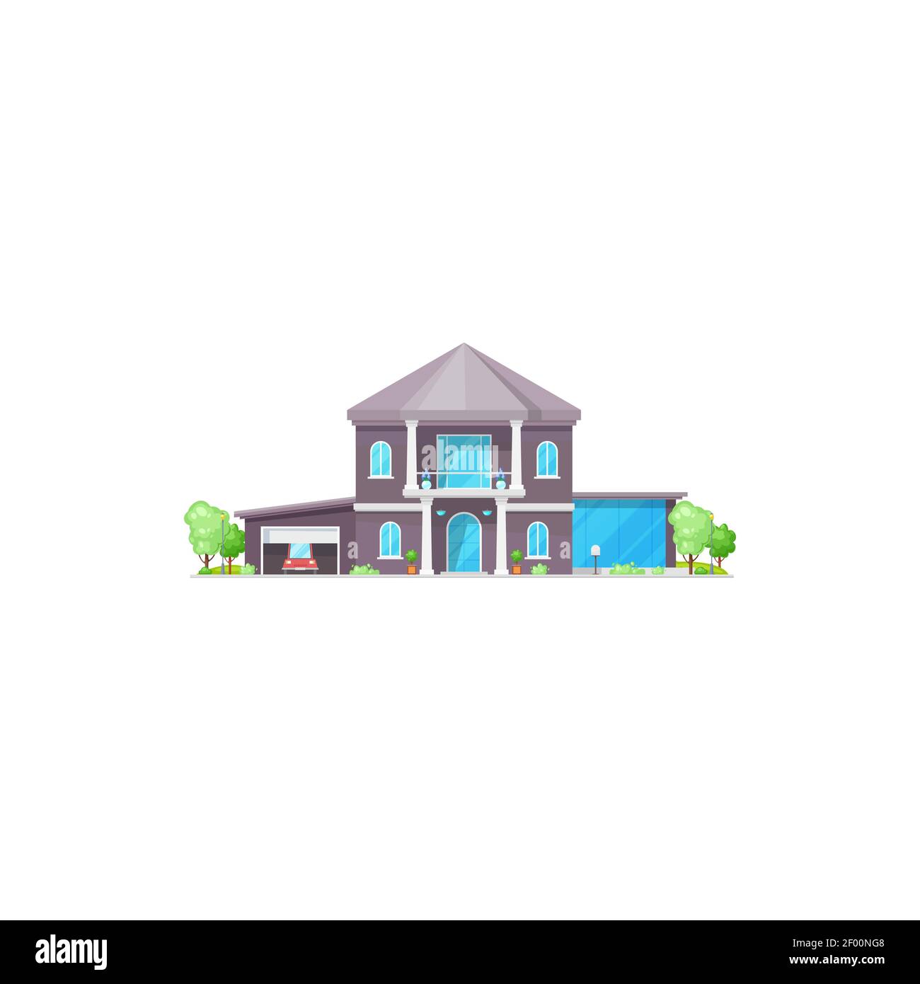 Contemporary new home with garage and balcony isolated realistic building. Vector external view of town house, modern country cottage or villa, townho Stock Vector
