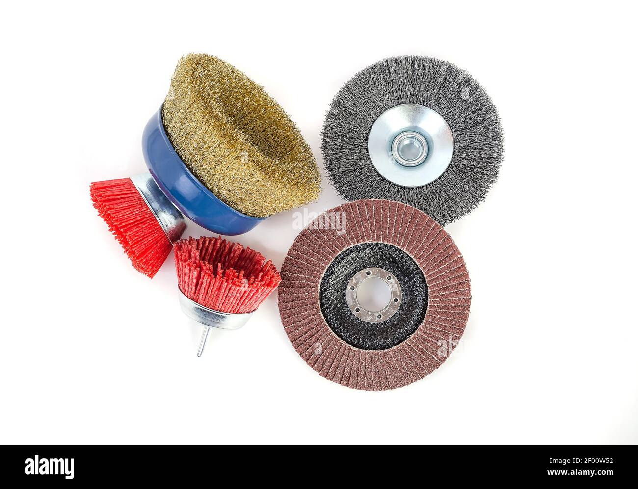 Polishing brushes and grinding discs of an angle grinder isolated on