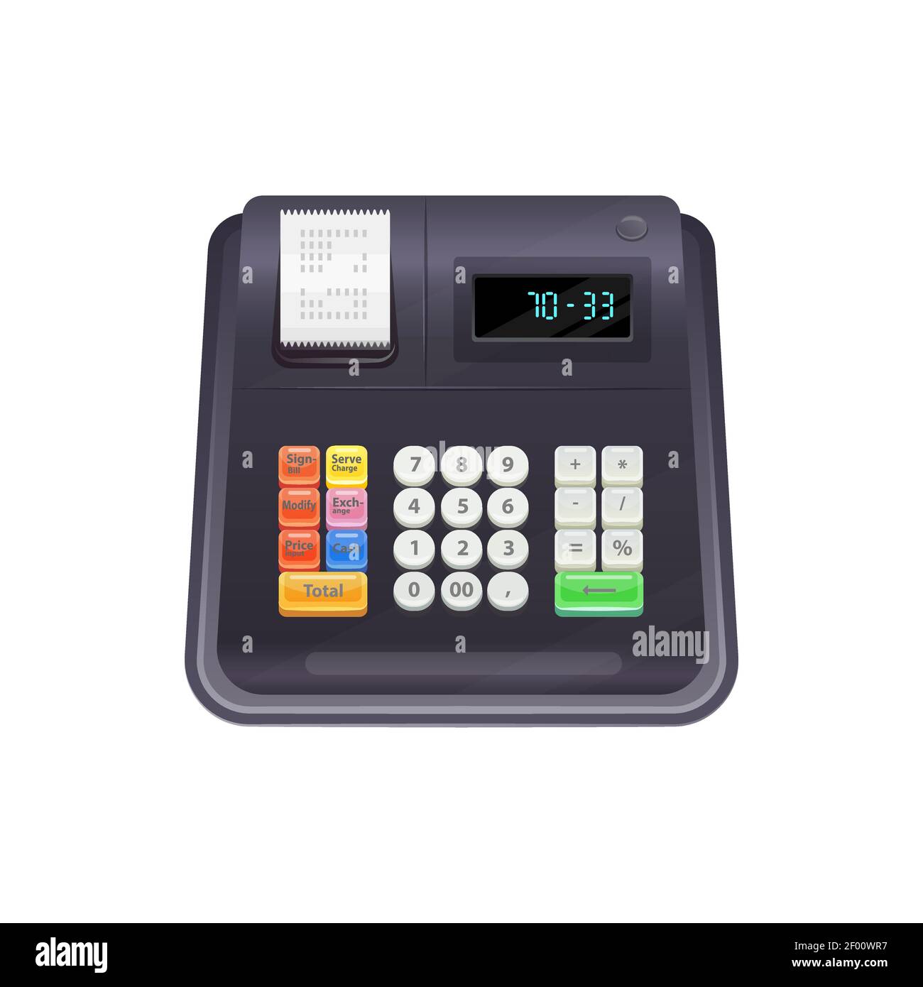 Machine registering and calculating transactions at point of sale isolated cash register. Vector black realistic cash desk, electronic device counting Stock Vector