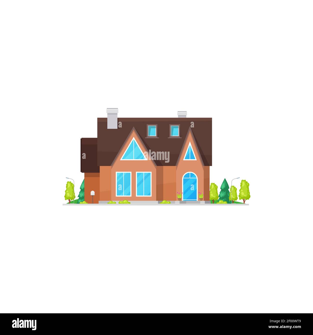 Modern cosy house with chimney and green trees isolated icon. Vector ...