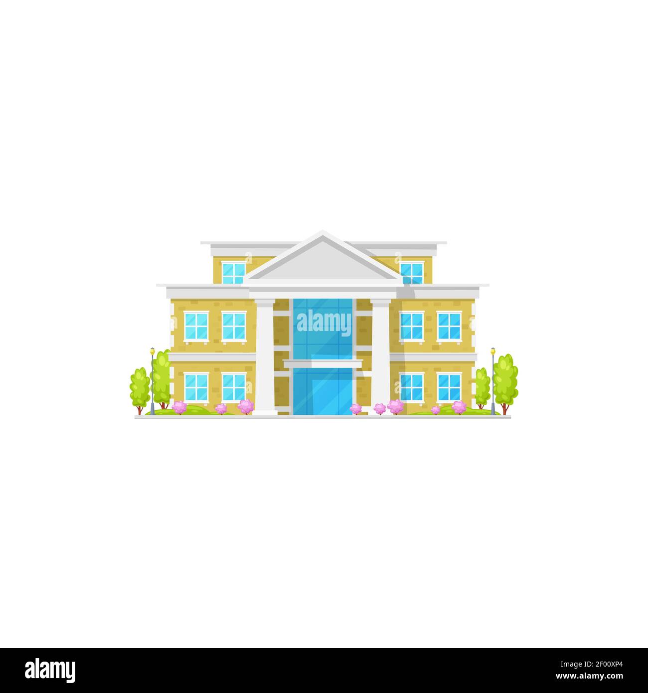 Luxury three-storey house with columns or pillars isolated English style retro home. Vector country villa, entrance door and roof, contemporary dwelli Stock Vector