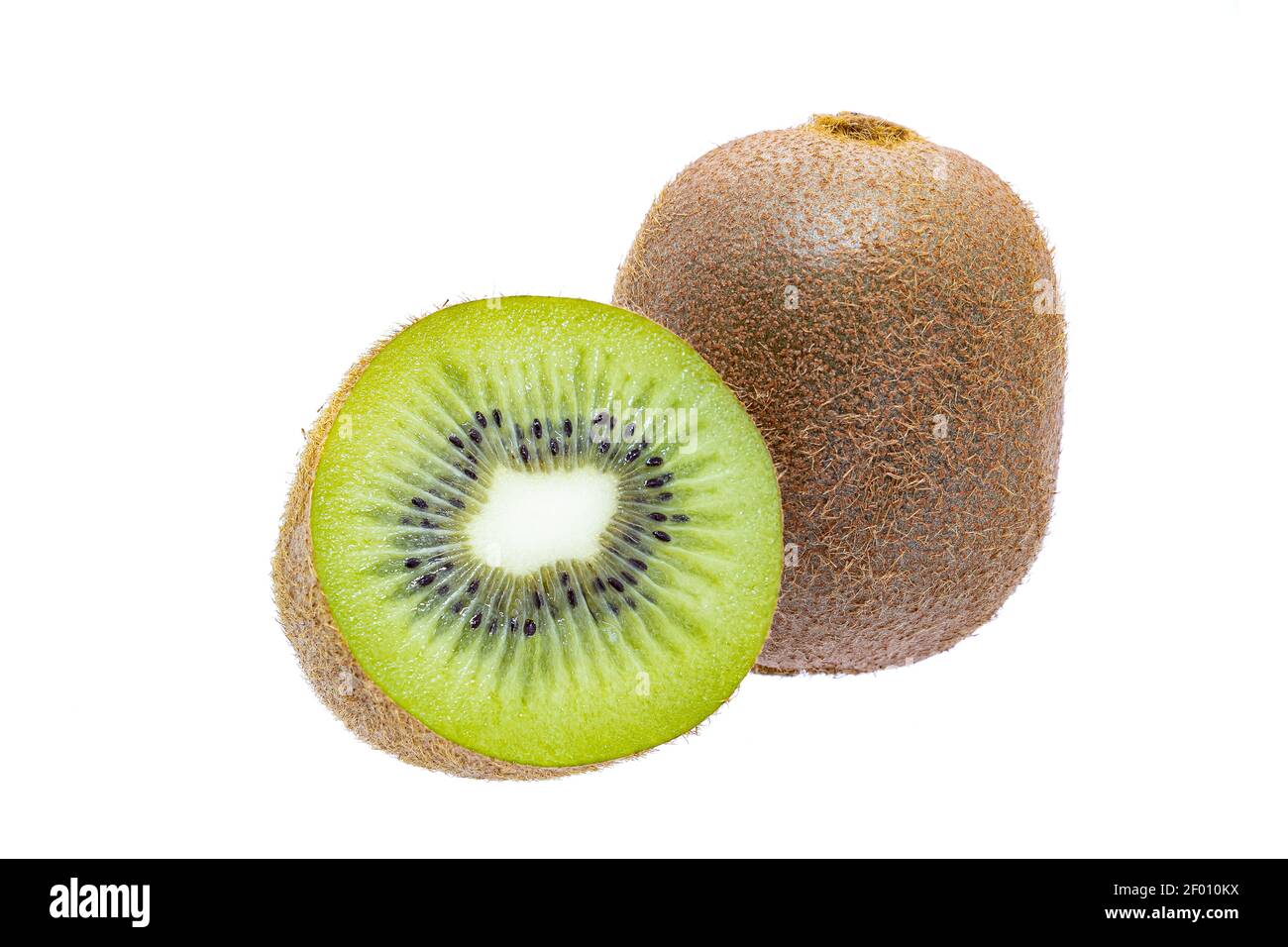 Ripe whole kiwi fruit and a half kiwifruit isolated on white background Stock Photo