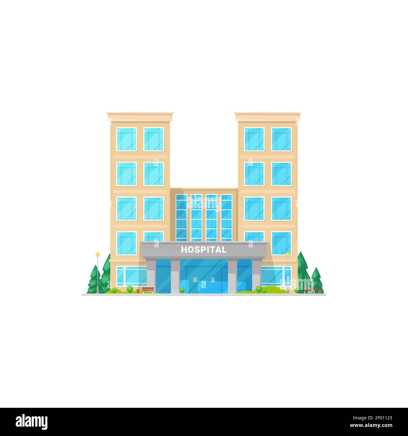 City hospital building exterior with trees isolated icon. Vector ...