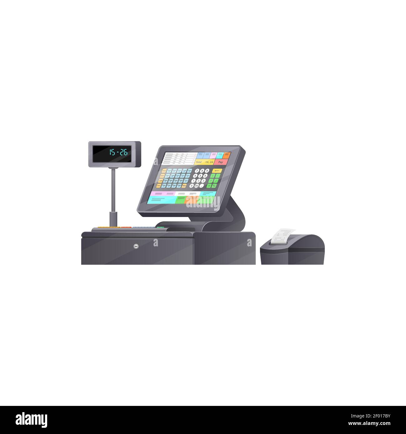 Electronic cash register isolated till device. Vector machine registering and calculating transactions at point of sale. Printer to print out receipts Stock Vector