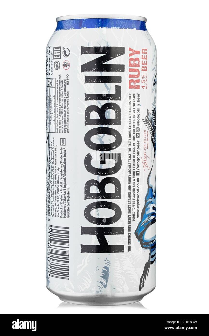 KYIV, UKRAINE - February 03, 2021: Can of Hobgoblin Ruby beer isolated on white. English Ale. Insulated packaging for catalog. Alcoholic beverage. Fil Stock Photo