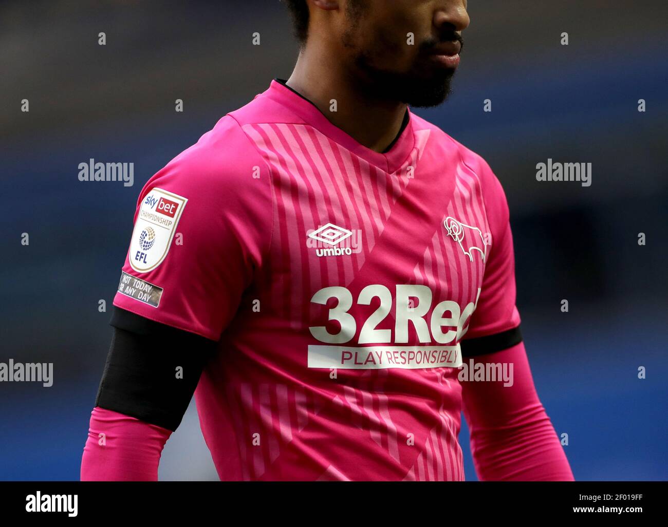 A detailed view of a black armband worn in memory of former Derby County academy player Matthew Langton, and former player Mickey Lewis at the end of the Sky Bet Championship match at St. Andrew's Trillion Trophy Stadium, Birmingham. Picture date: Saturday March 6, 2021. Stock Photo