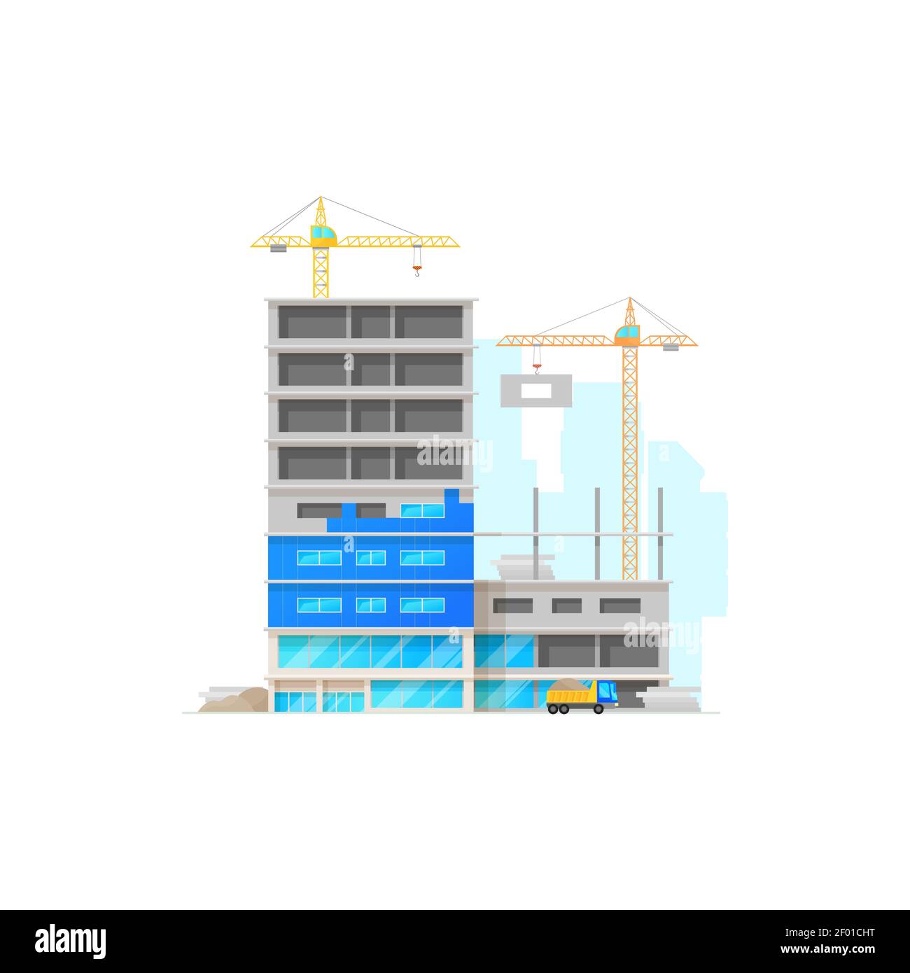 House in process of construction, building lift cranes with blocks, development of urban infrastructure. Vector city apartments architecture, trucks w Stock Vector
