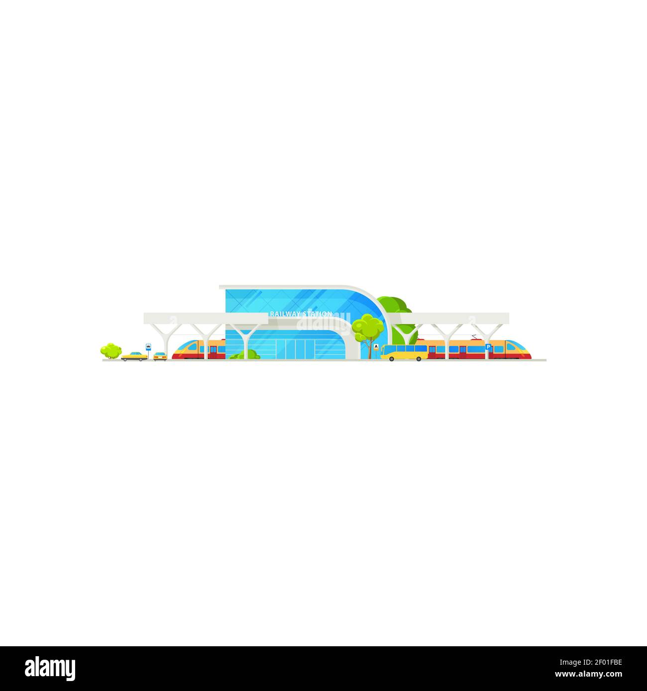 Railway station structure with railroad isolated train and bus. Vector ...