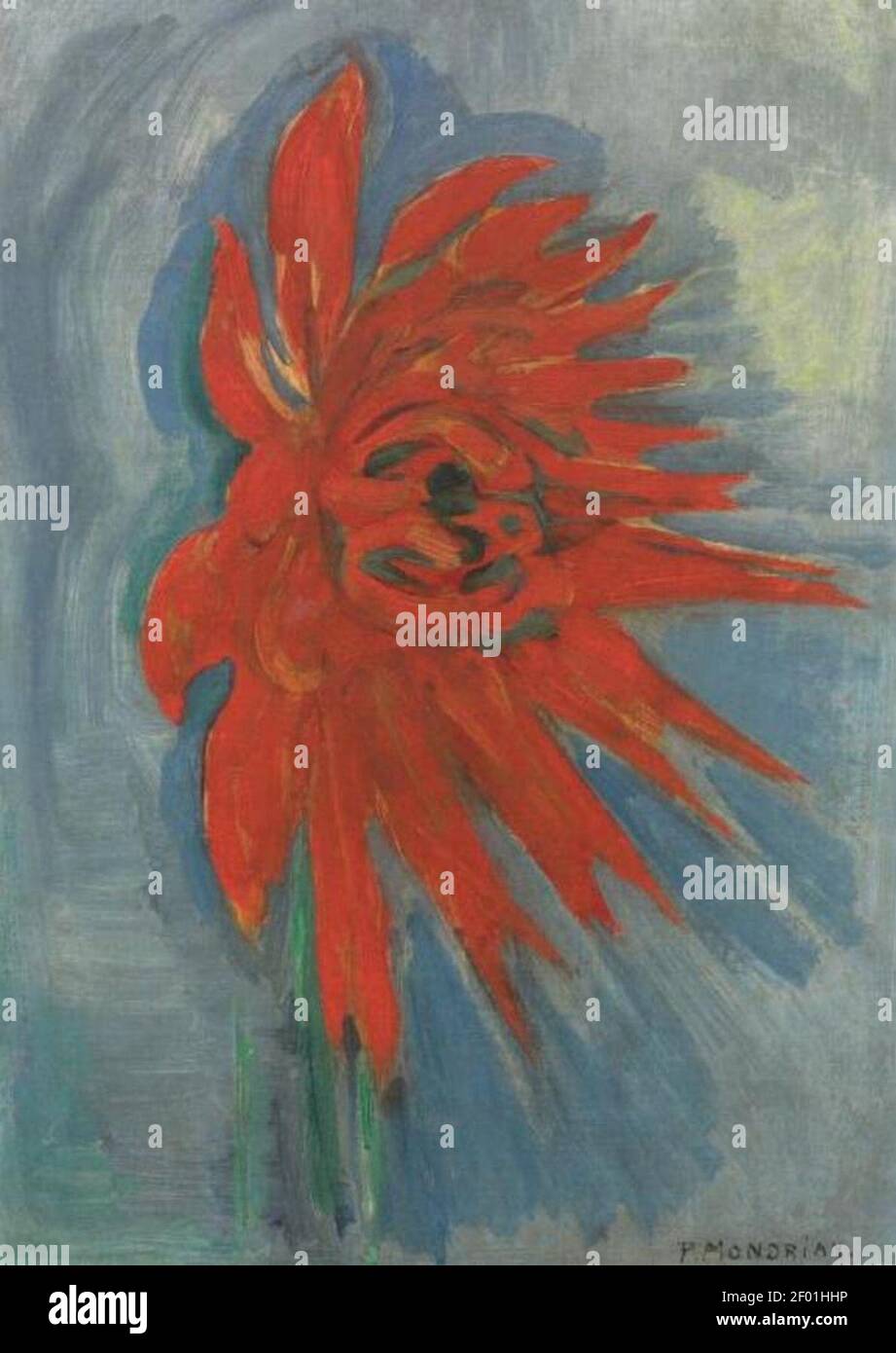 Piet Mondriaan - Red chryanthemum on blue background - Stock Photo