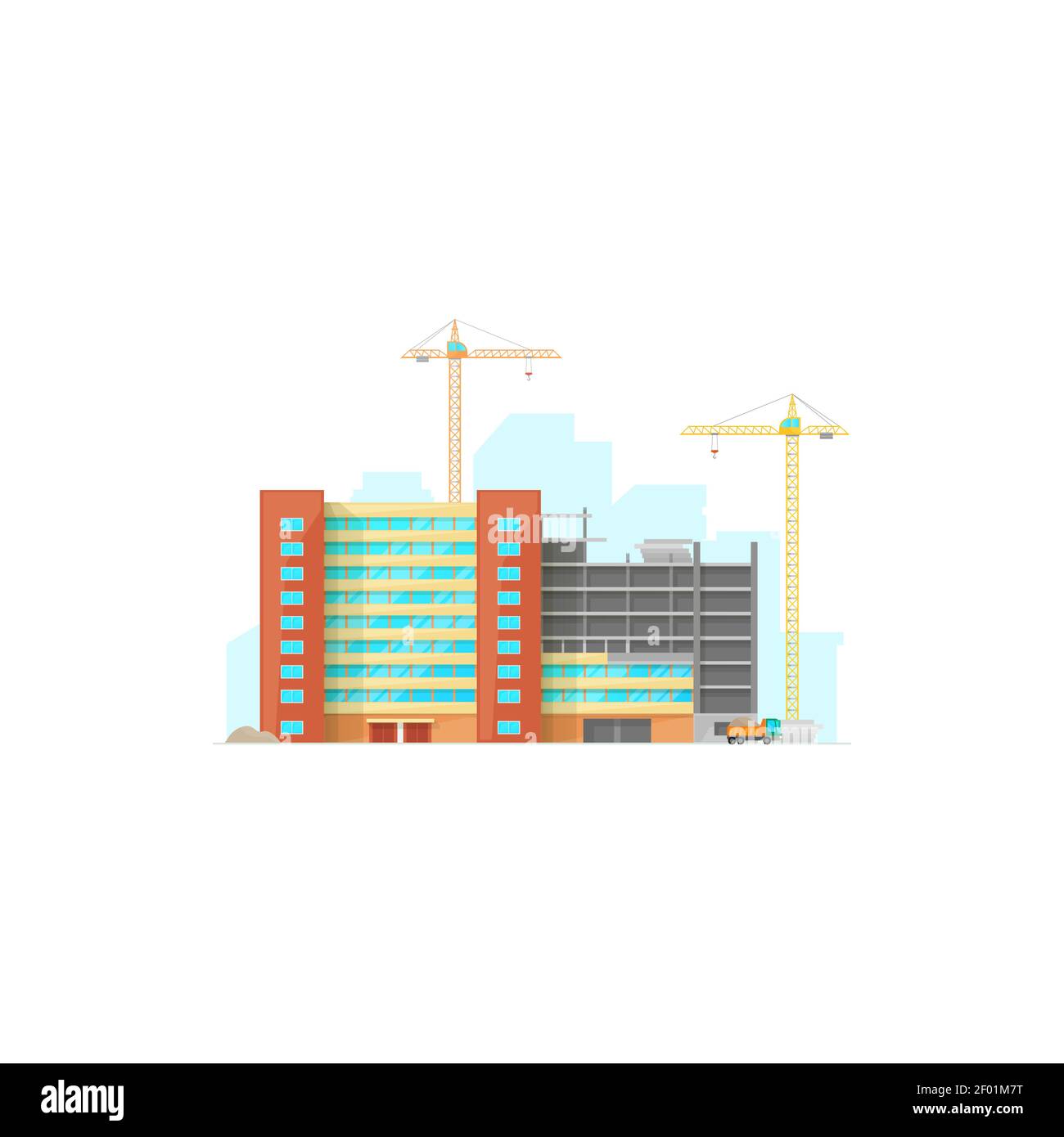 Urban building industry isolated residential house under construction. Vector lifting cranes with scaffolding blocks, process of development new livin Stock Vector