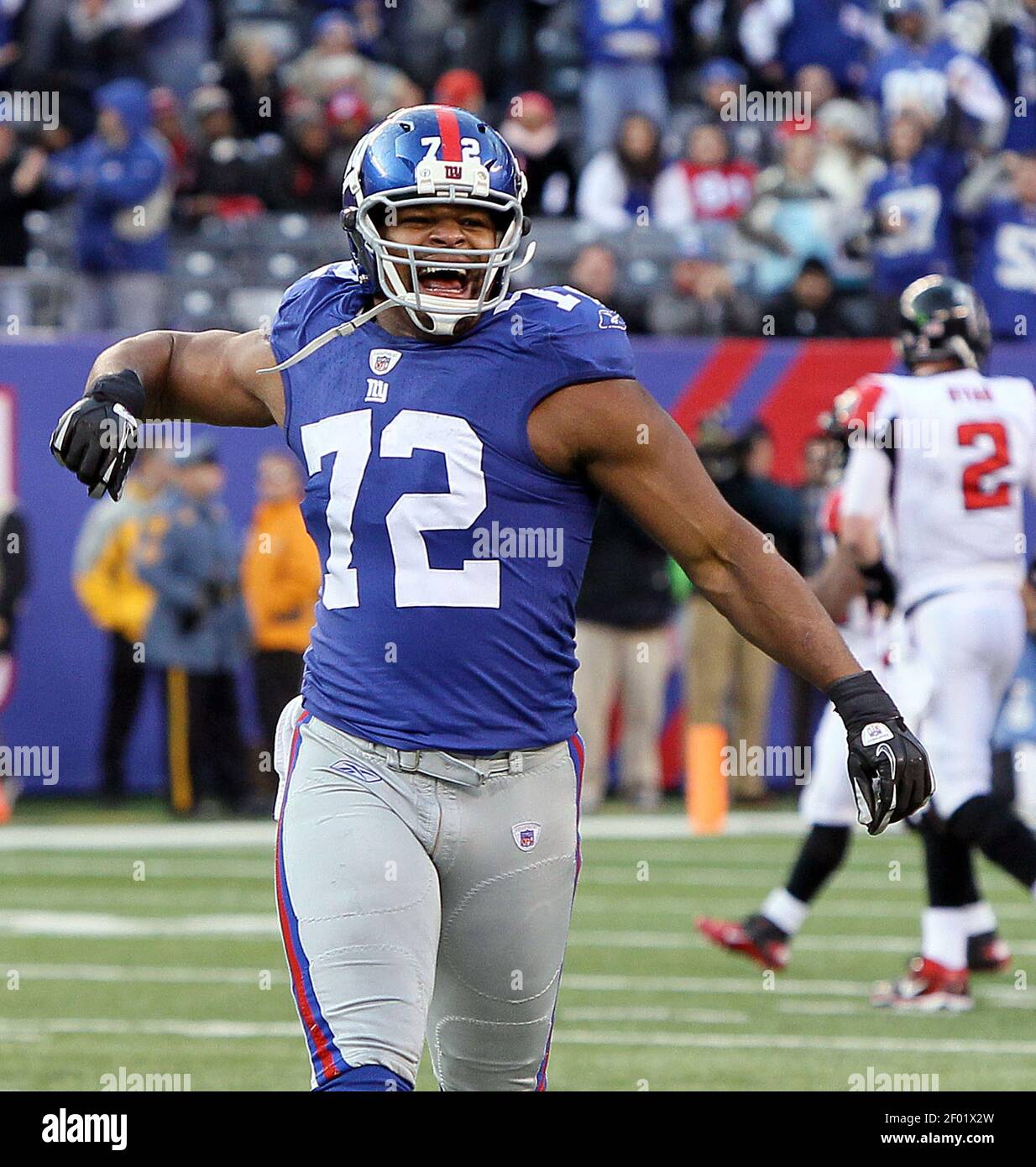 Osi Umenyiora of the New York Giants celebrates his sack in the final  minute against the Atlanta Falcons during their NFC wild-card game at  MetLife Stadium on Sunday, January 8 2012, in