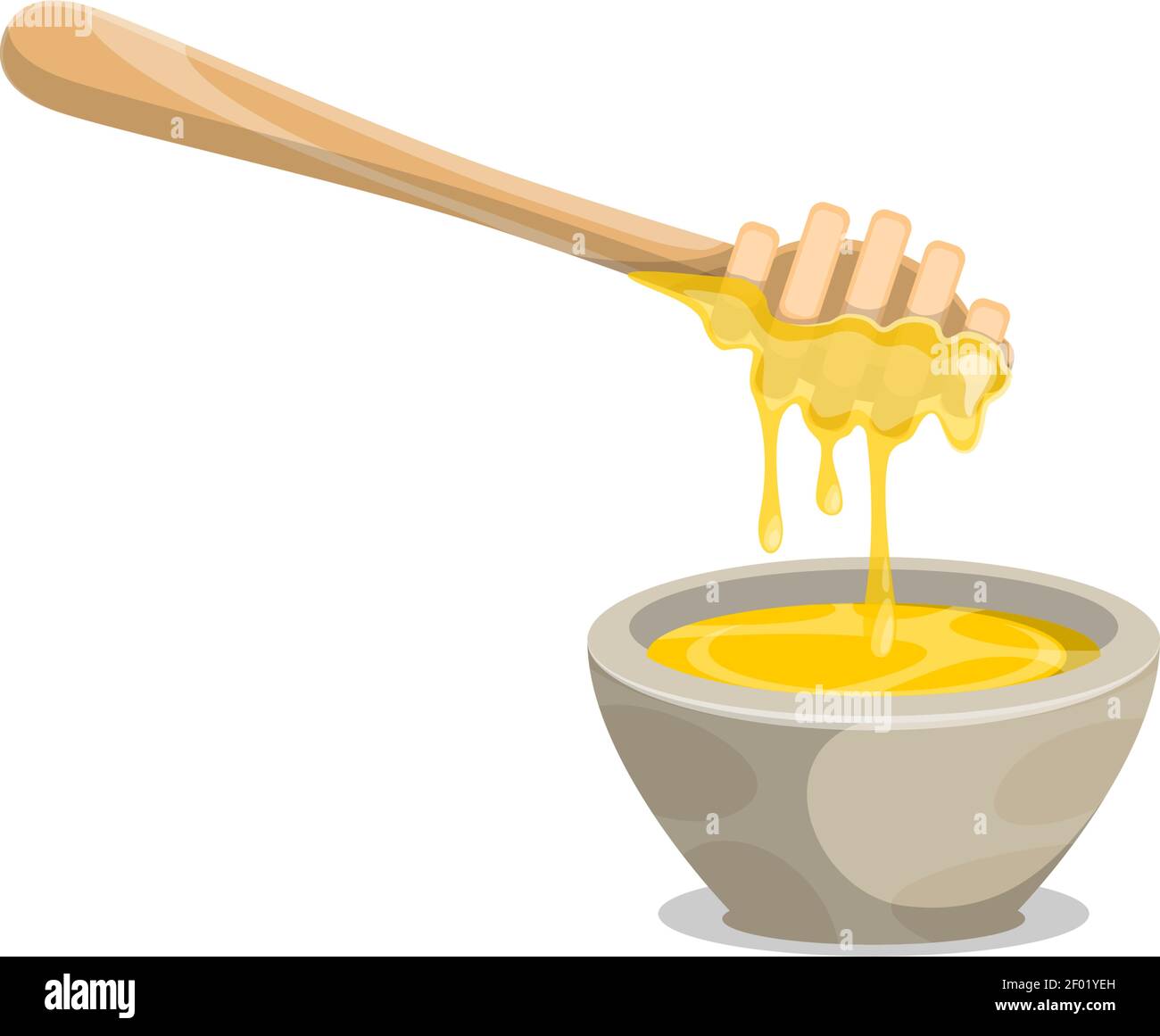 Honey flowing on wooden honey dipper spoon. Vector liquid honey drops dripping in jar or bowl