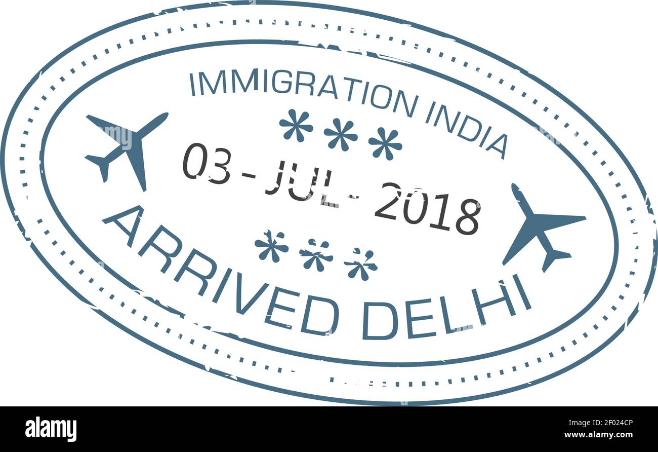 Arrived to Delhi oval stamp in passport isolated grunge seal with date and planes sign, international airport of India country border control stamp. A Stock Vector