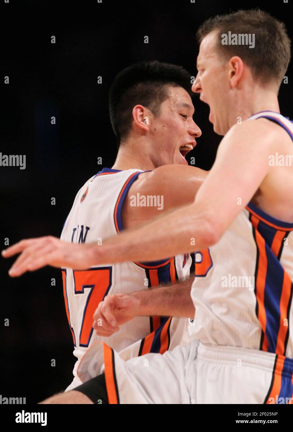 The New York Knicks' Jeremy Lin, left, celebrates a basket against the  Dallas Mavericks with teammate Steve Novak in the second half at Madison  Square Garden in New York City, Sunday, February
