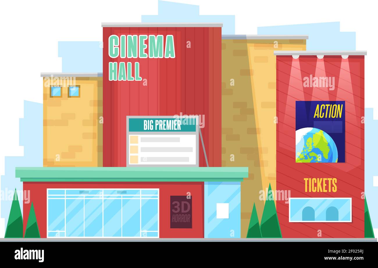 City building, cinema or movie theater. Vector facade, construction or