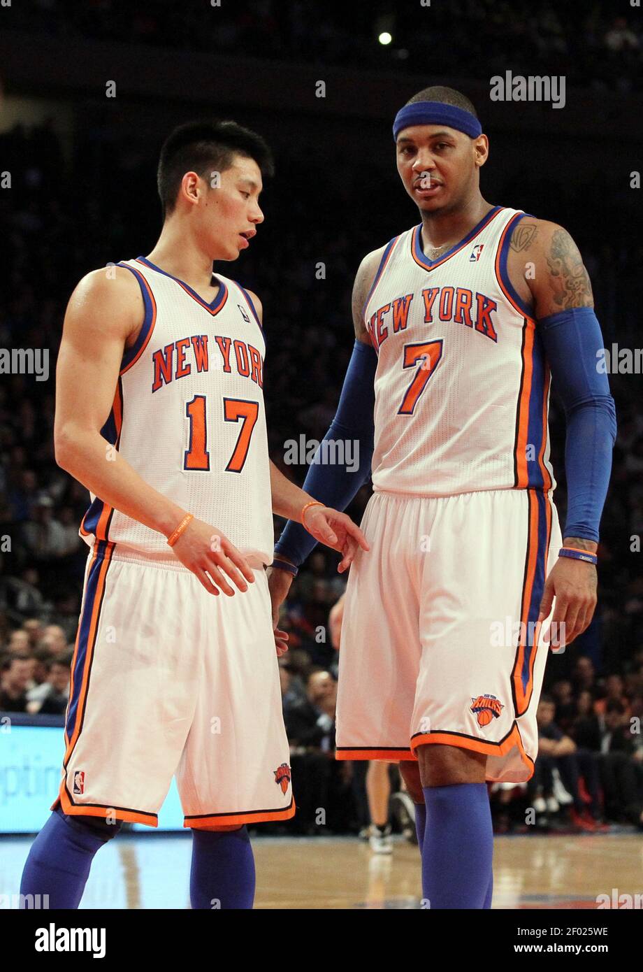 New York Knicks teammates Carmelo Anthony (7) and Jeremy Lin (17) talk  during a timeout against the New Jersey Nets at Madison Square Garden in New  York City, Monday, February 20 2012. (