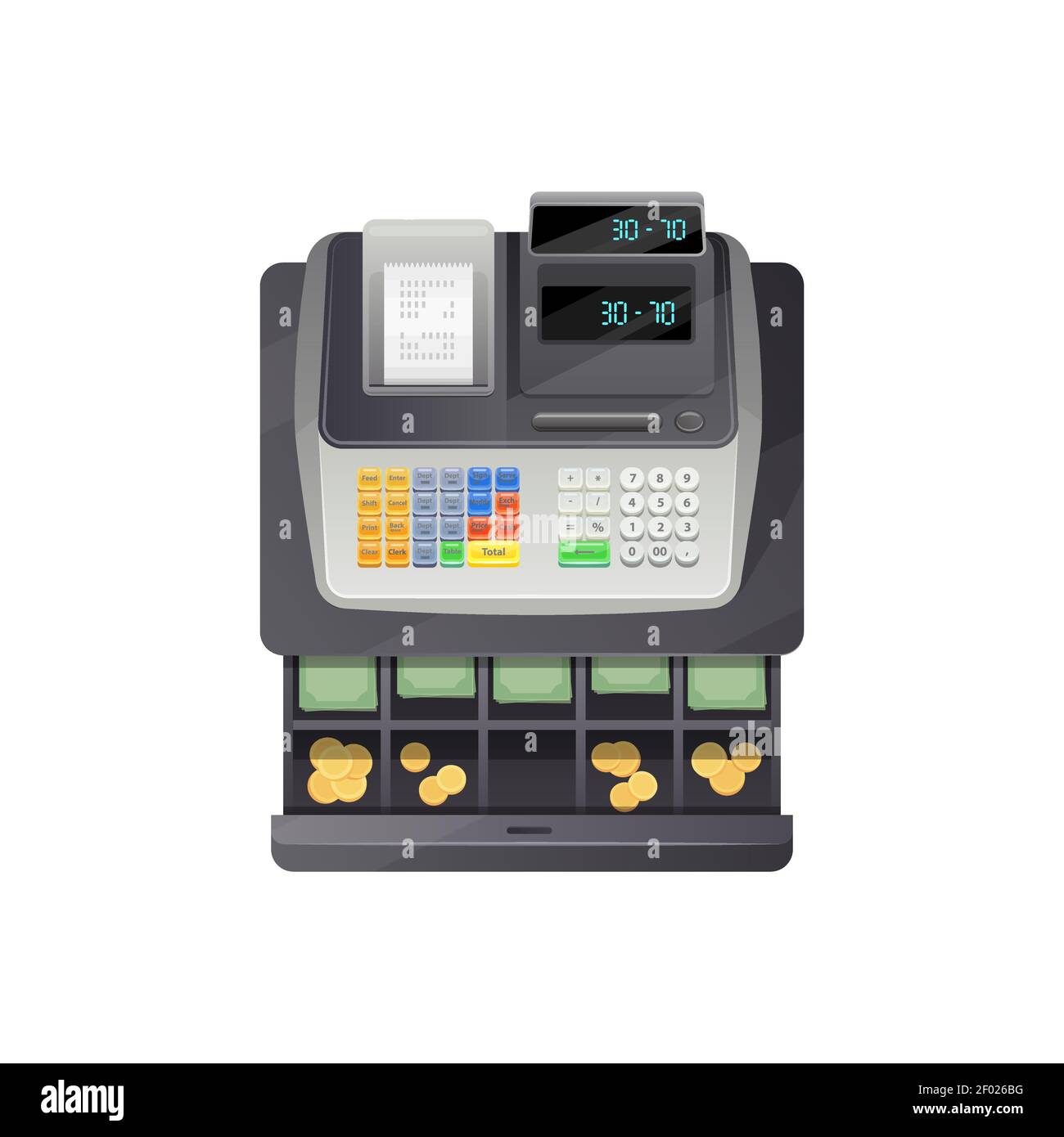 Open drawers of cash register full of money banknotes and coins