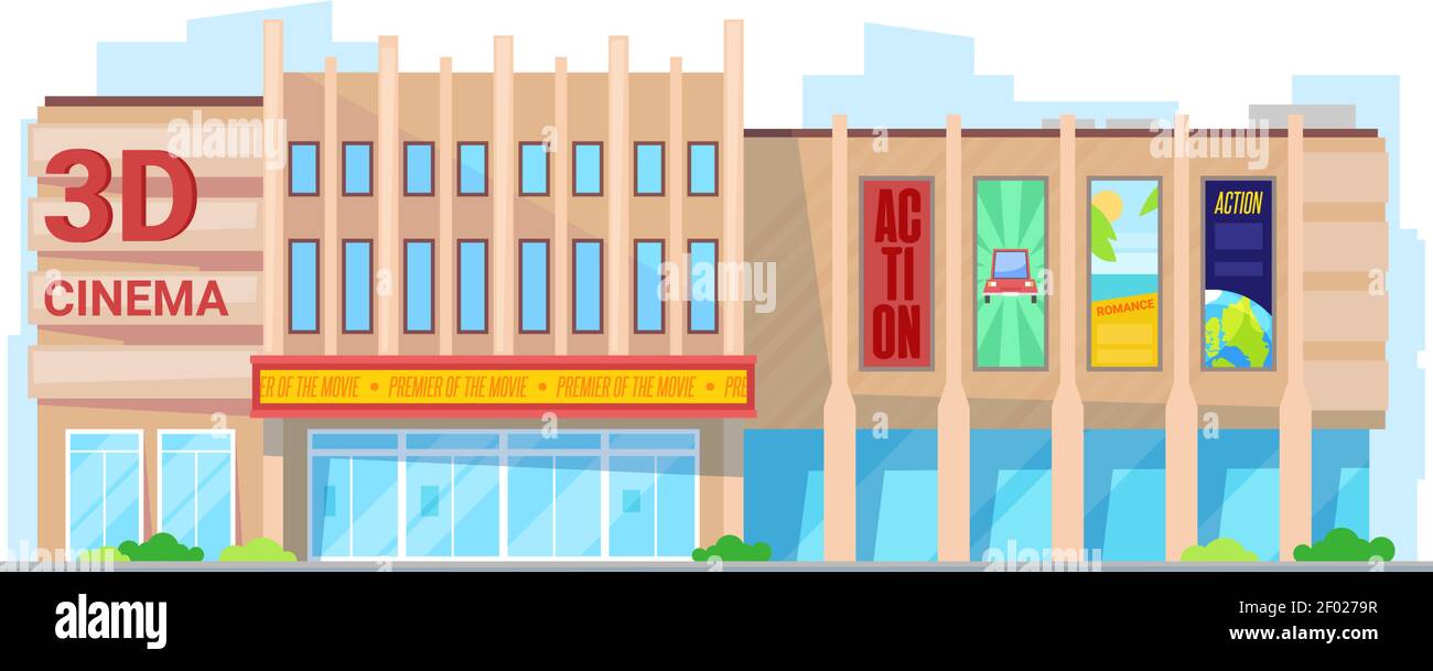 City building, cinema or movie theater. Vector facade, construction or