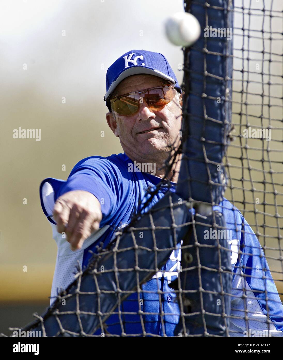The Kansas City Royals' George Brett throws batting practice during a  spring training workout at the team's complex in Surprise, Arizona, on  Friday, March 2, 2012. (Photo by John Sleezer/Kansas City Star/MCT/Sipa