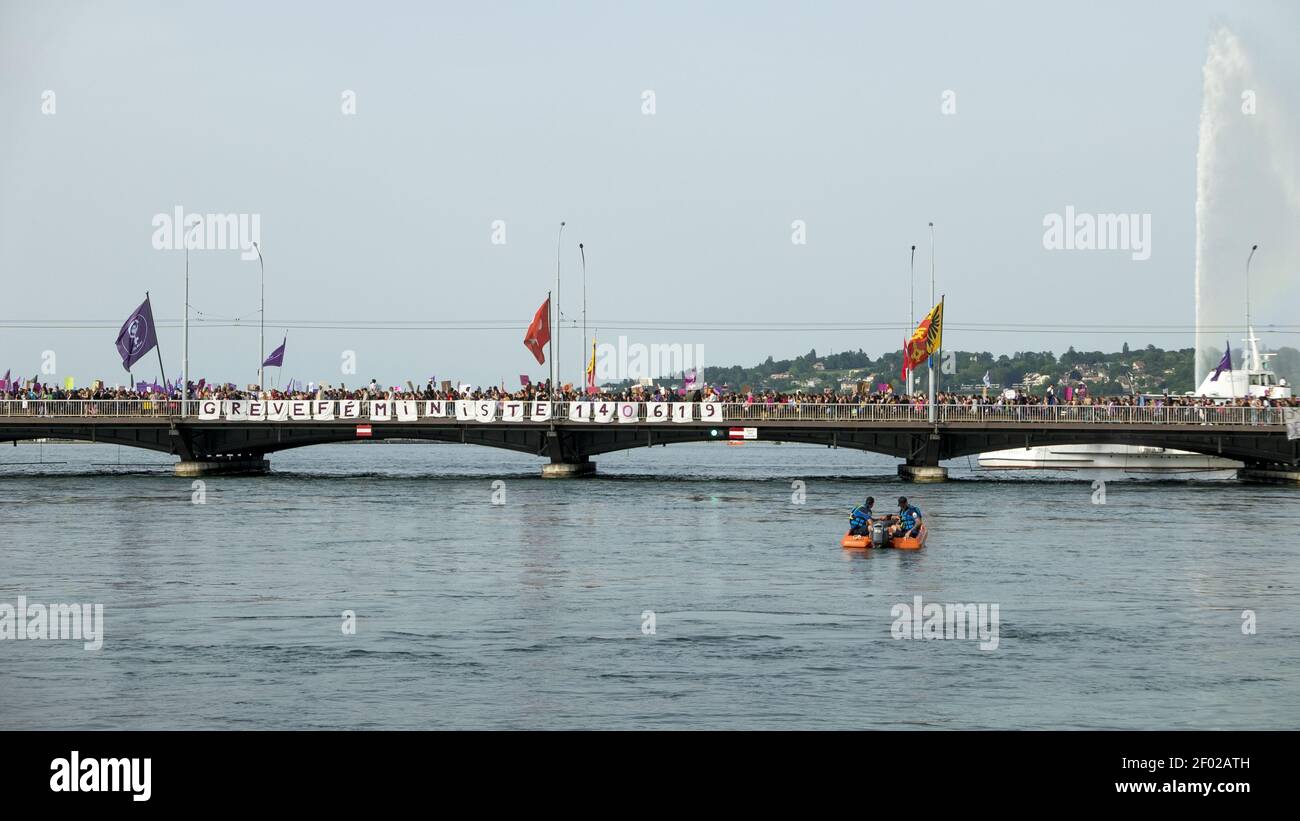 GENèVE, SWITZERLAND - Jun 14, 2019: Feminist strike on Mont-Blanc bridge    Geneva Stock Photo