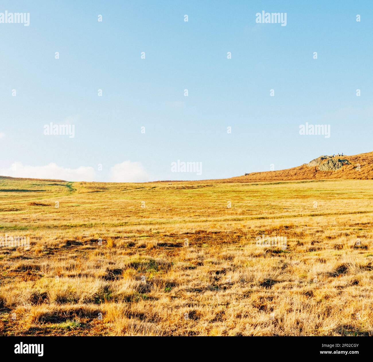 Large landscape grassy area, with a hill in the background. Blue and mars-like brown and orange colours. Stock Photo