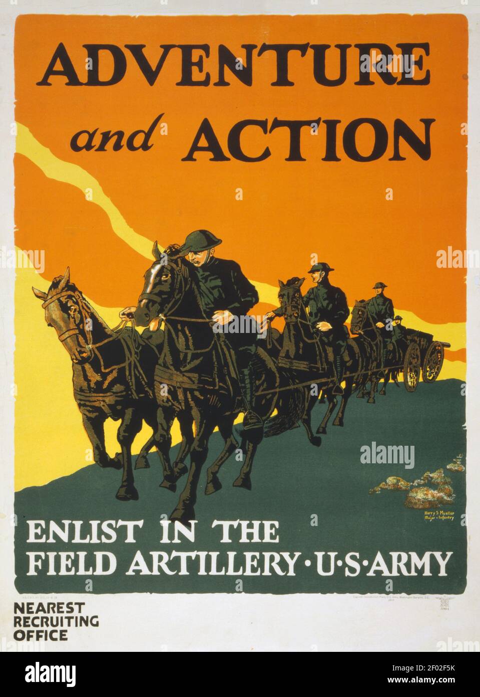 Army poster or ad. Adventure and Action. Enlist in the Field Artillery. U.S. Army. Stock Photo
