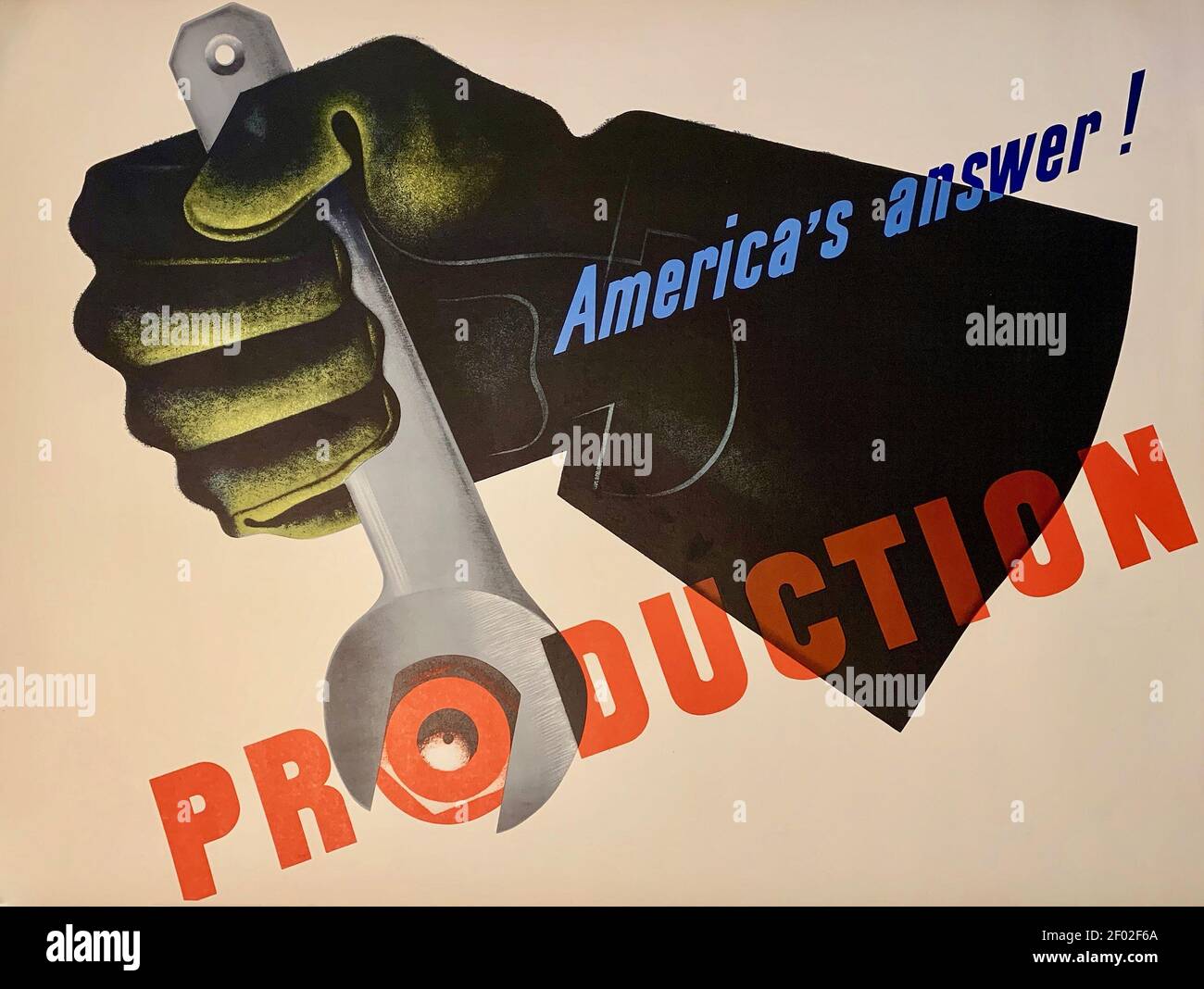 Army poster or ad. America's answer! Production. Jean Carlu artwork. U.S. Government Propaganda. World War II. Stock Photo