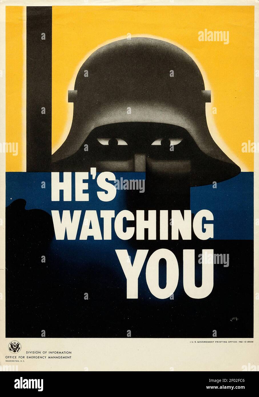 He's watching you! A German soldier peers out from beneath his helmet in this World War II anti-espionage poster. Stock Photo