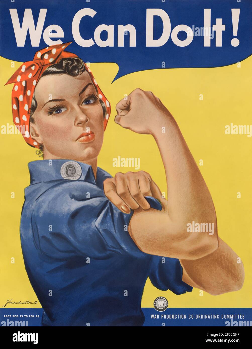 'We Can Do It!' is an American World War II wartime poster produced by J. Howard Miller in 1943 for Westinghouse Electric as an inspiration. Stock Photo