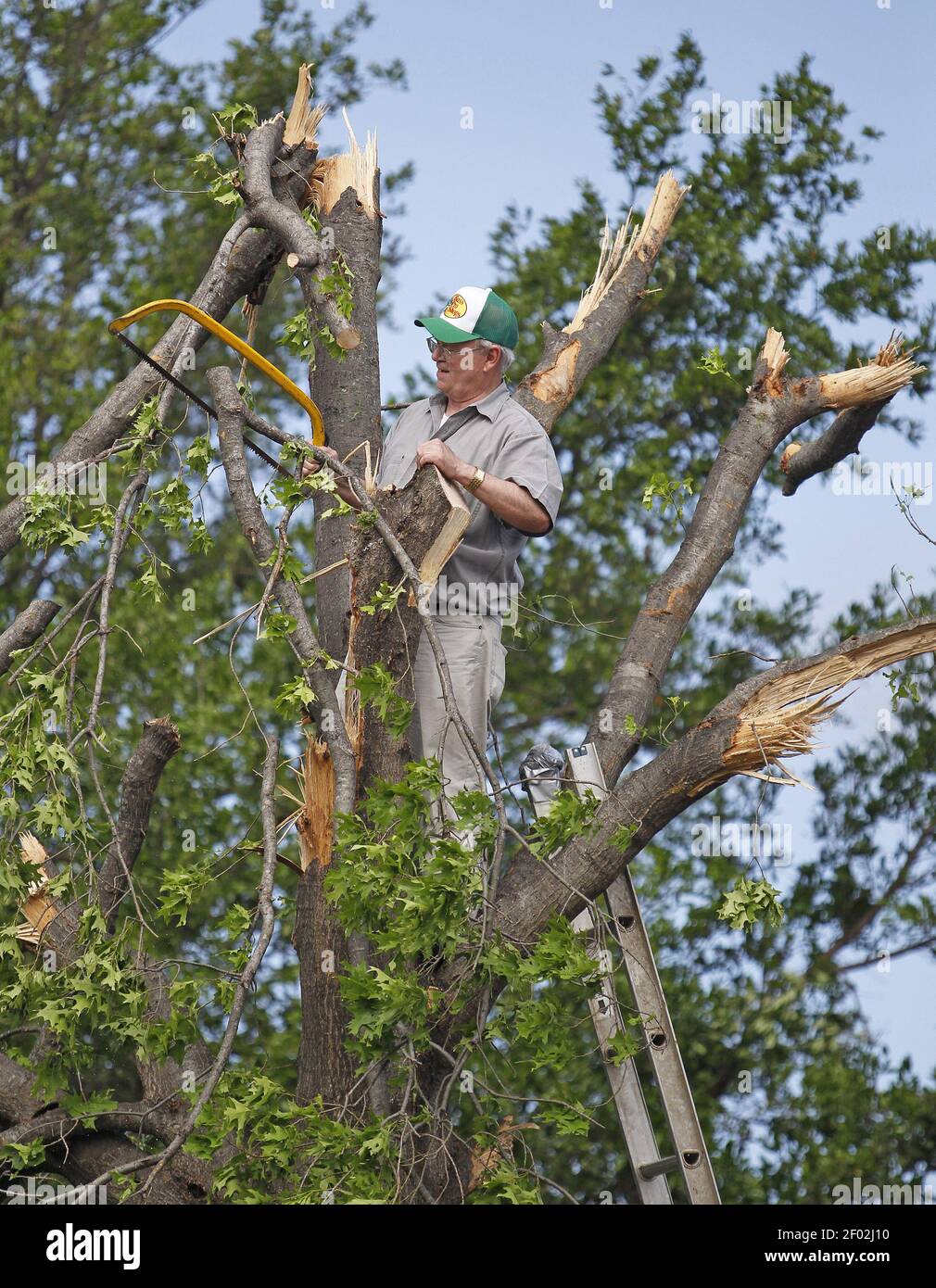 Jim Pinker prunes from a damaged tree at his home in the Arlington, Texas, area on April 4, 2012. Severe storms and a reported tornado that passed through the area on Tuesday caused widespread damage. (Photo by Paul Moseley/Fort Worth Star-Telegram/MCT/Sipa USA) Stock Photo