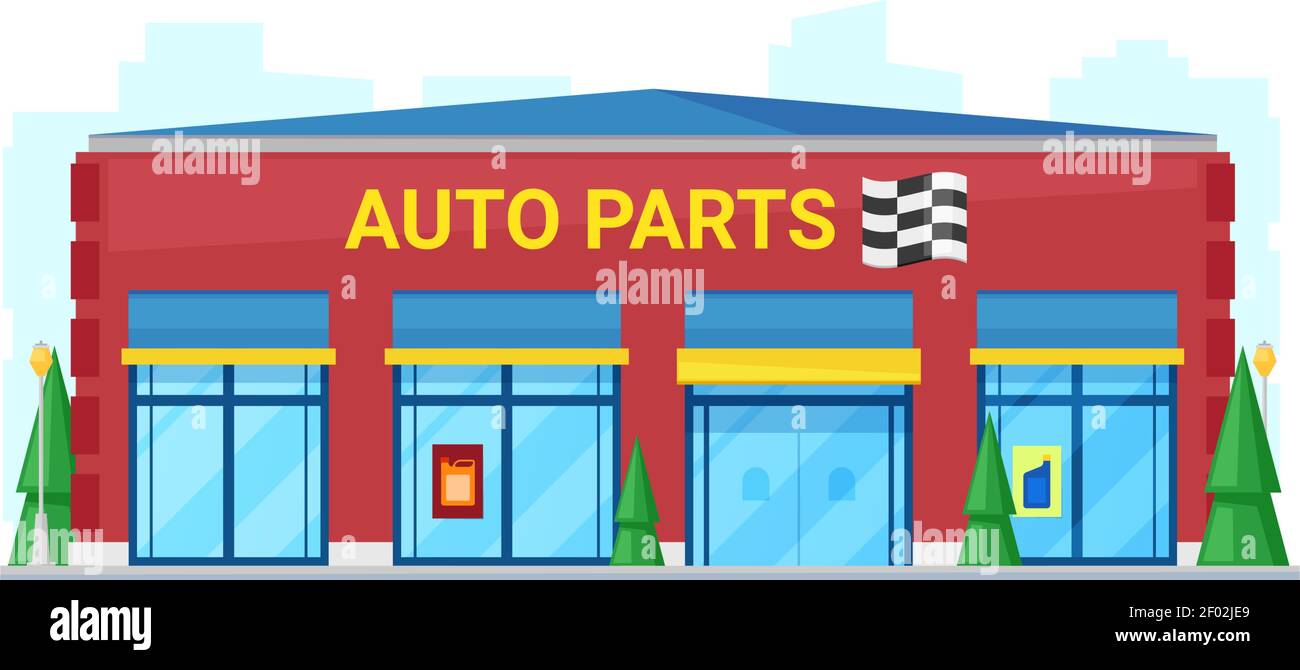 Auto parts shop, vector flat building. Car parts store entrance and