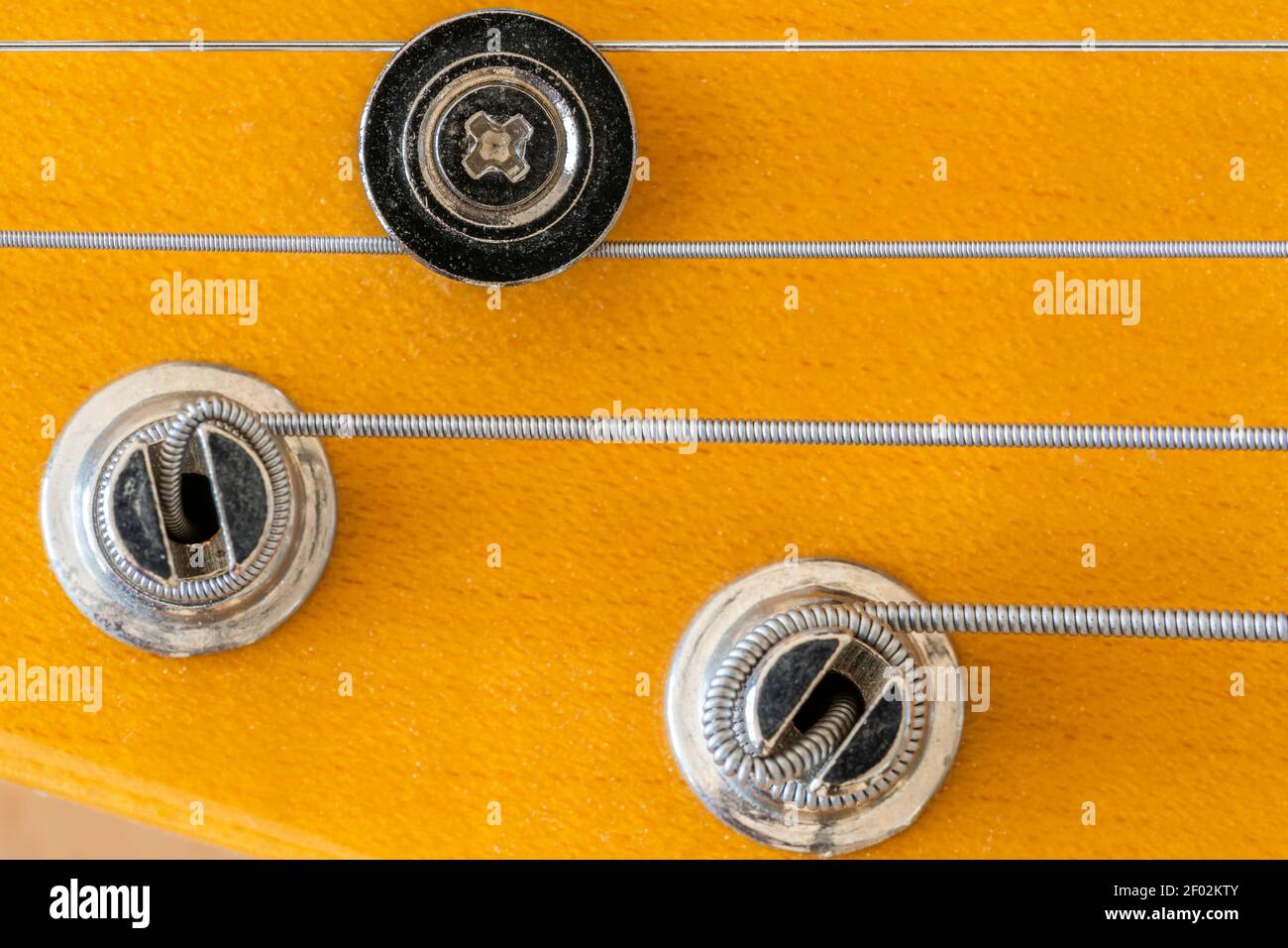 A macro closeup of tuning posts and strings on the maple headstock of an electric guitar - a Fender Telecaster Modern Player Stock Photo