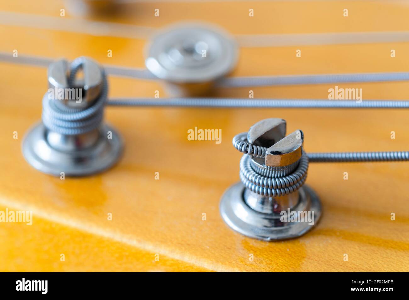 A macro closeup of tuning posts and strings on the maple headstock of an electric guitar - a Fender Telecaster Modern Player Stock Photo