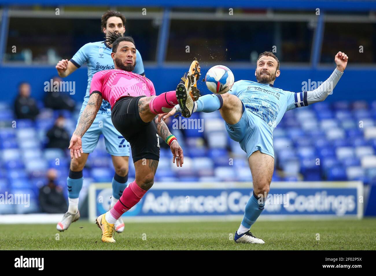 Birmingham, UK. 06th Mar, 2021. Colin Kazim-Richards #13 of Derby County and Liam Kelly #6 of Coventry City compete for the ball in Birmingham, UK on 3/6/2021. (Photo by Simon Bissett/News Images/Sipa USA) Credit: Sipa USA/Alamy Live News Stock Photo