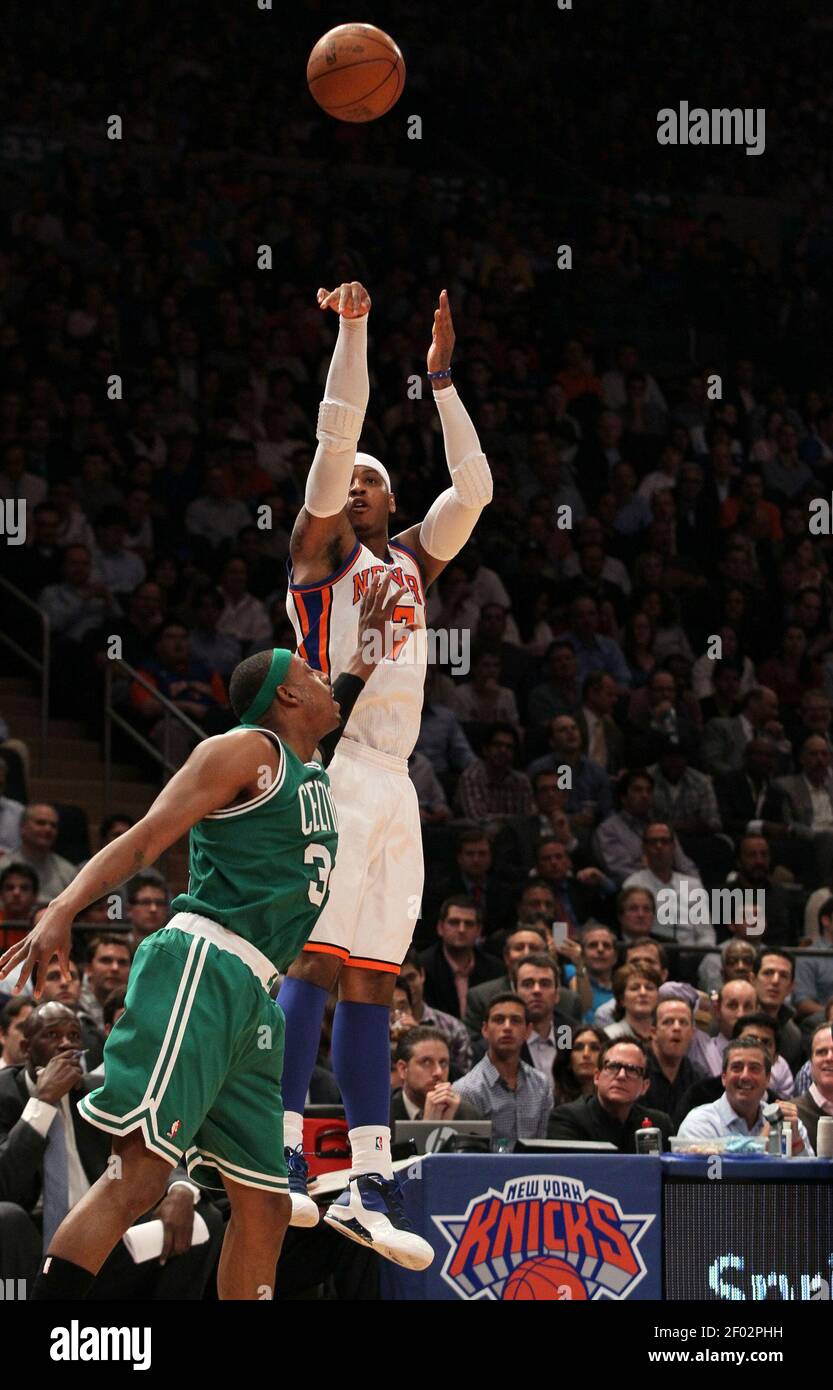 Carmelo Anthony of the New York Knicks shoots over Paul Pierce of the Boston Celtics on Tuesday, April 17, 2012 at Madison Square Garden in New York. (Photo by Jim McIsaac/Newsday/MCT/Sipa USA) Stock Photo