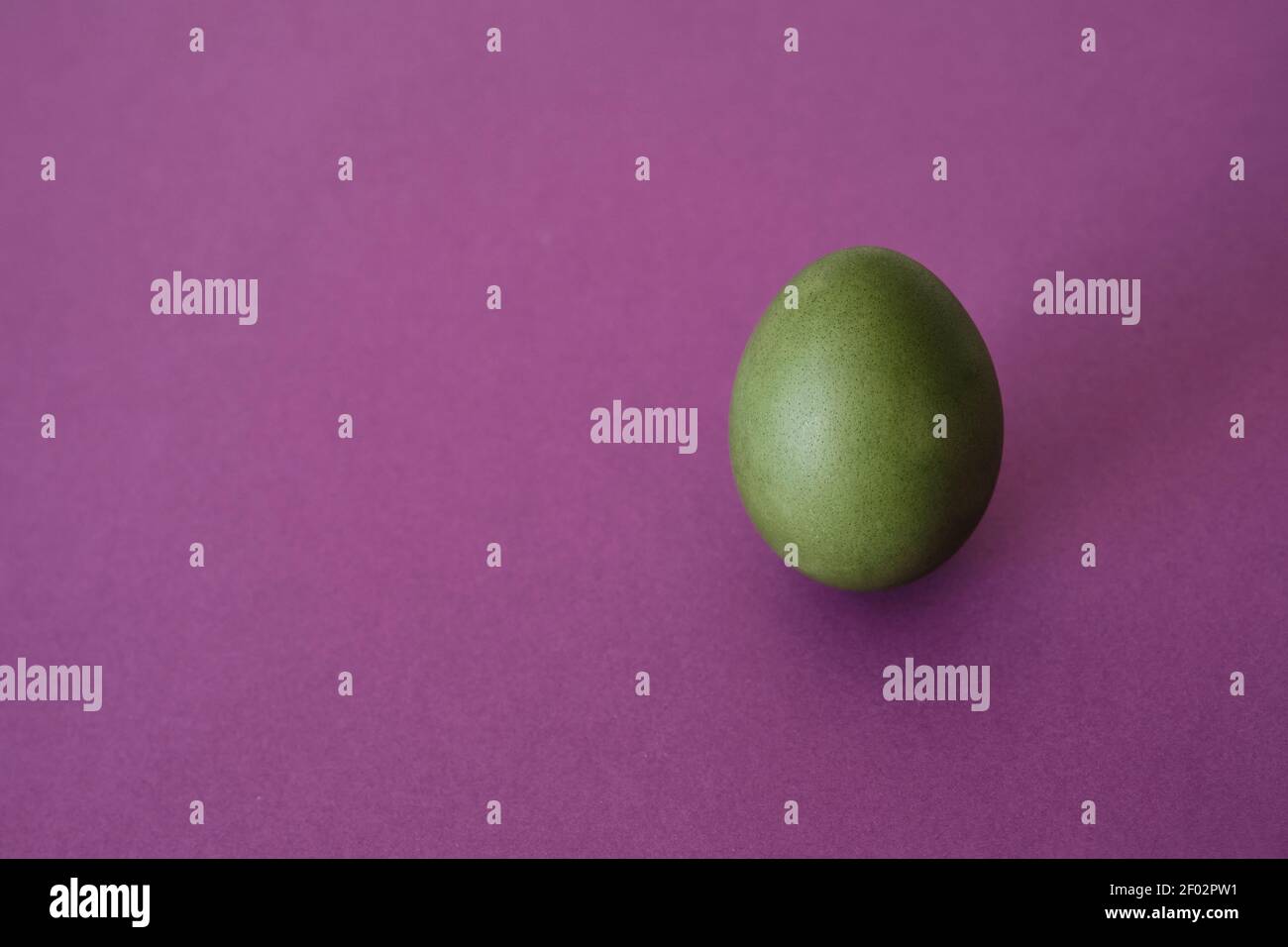 Painted green egg on a violet background. Abstract composition. Top view. Easter holiday concept. Stock Photo
