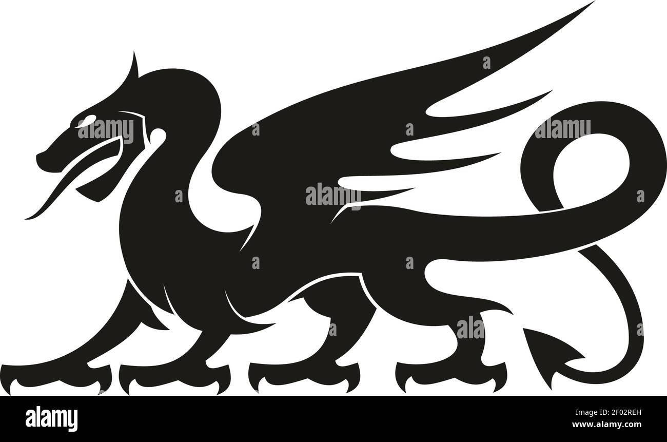 Dragon gryphon isolated heraldic animal silhouette . Vector creature with eagle legs and lion tail Stock Vector
