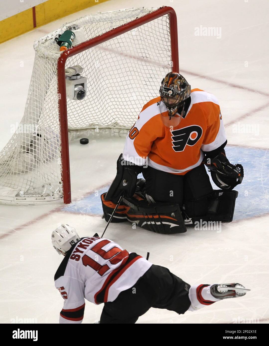 Philadelphia Flyers goalie Ilya Bryzgalov gets beat for a goal by the New  Jersey Devils' Petr Sykora (15) during the third period of Game 1 of the  NHL Eastern Conference Semifinals at