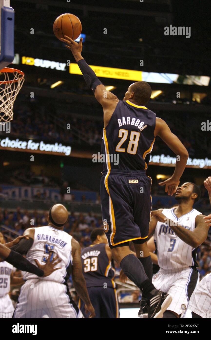 The Indiana Pacers' Leandro Barbosa tries to lay the ball in against the  Orlando Magic during Game 3 of the Eastern Conference first-round series on  Wednesday, May 2, 2012, at the Amway