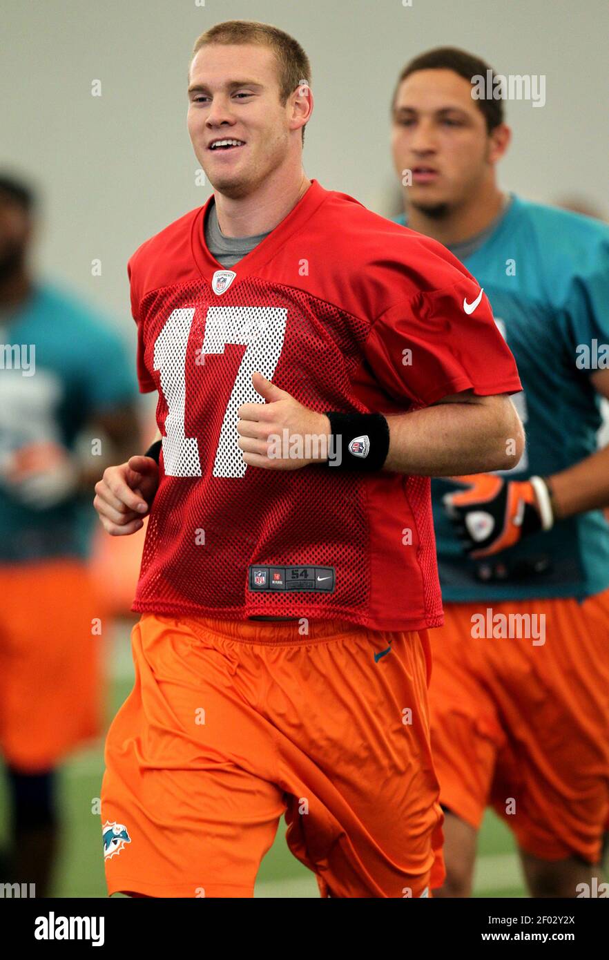 The Miami Dolphins' rookie quarterback Ryan Tannehill (17) during rookie  camp practice at the team's practice facility in Davie, Florida, on Friday,  May 4, 2012. (Photo by Al Diaz/Miami Herald/MCT/Sipa USA Stock