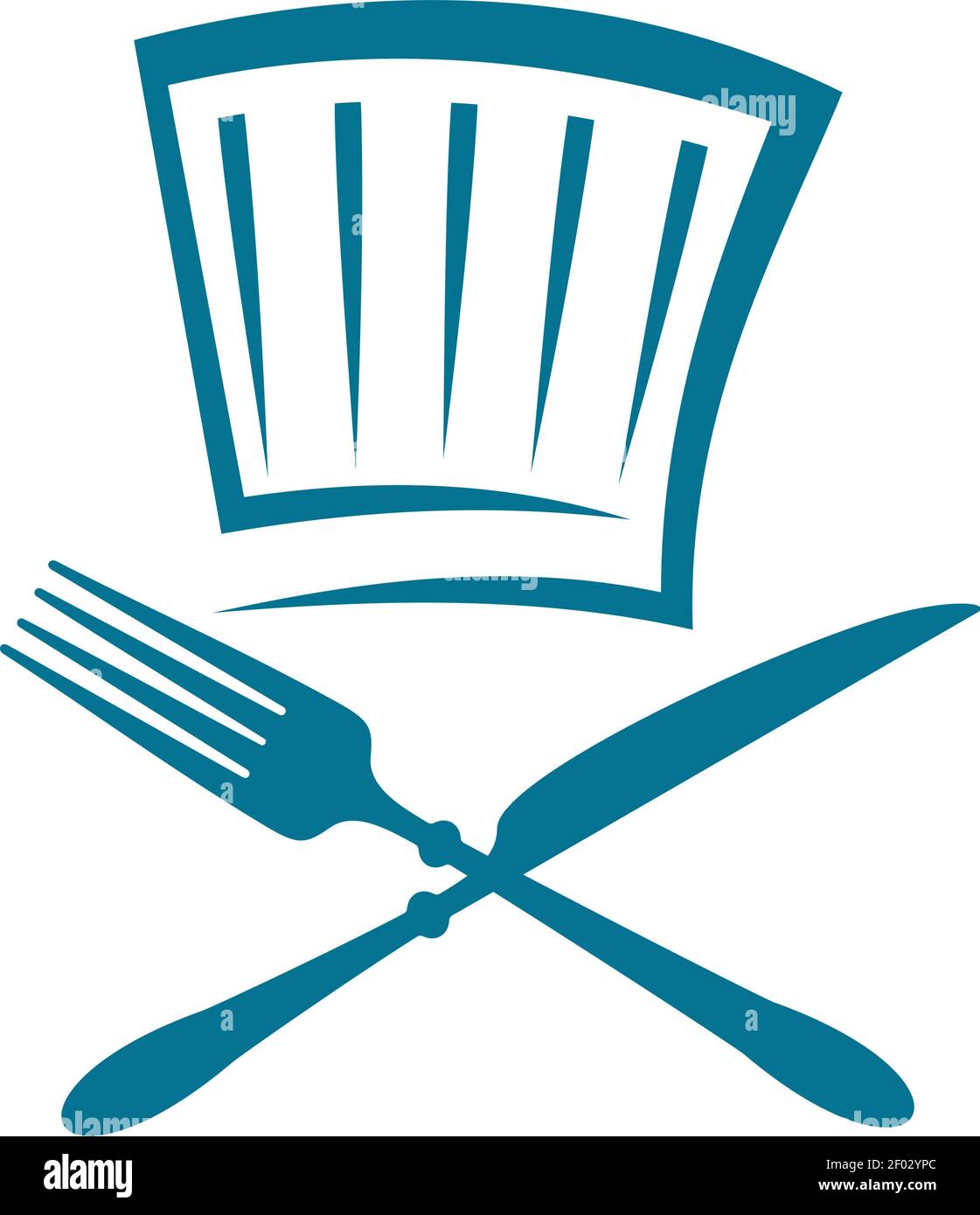 Chef hat, crossed fork and knife isolated restaurant logo. Vector cookers hat and kitchen utensils Stock Vector